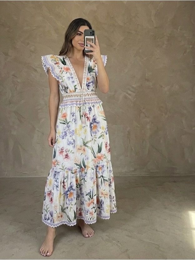 New Viral Camila Summer Garden Floral Maxi Dress Cotton Scallop Smocked Flutter